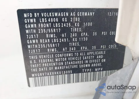 2017 Volkswagen Tiguan 2.0T Wolfsburg Edition z USA, uszkodzony, nr VIN WVGRV7AX8HK019095